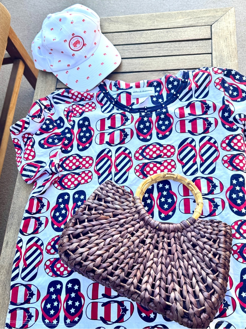 USA Vintage Style Alfred Dunner Americana Flip Flop Print Top Petite Large 4th